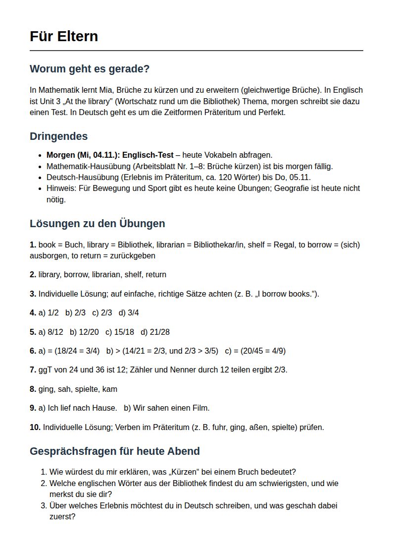 Elternteil des Beispielblatts mit Lösungen und Gesprächsfragen