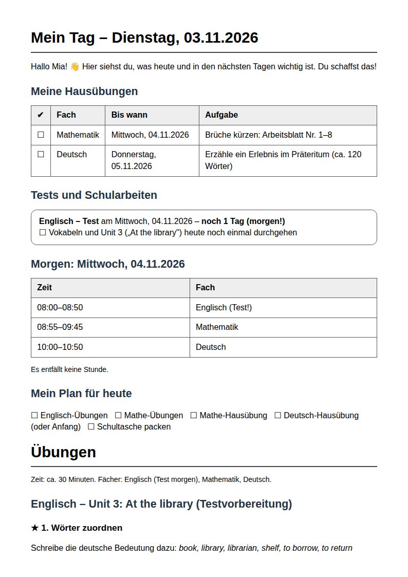 Erste Seite eines echten Lernblatts: Hausübungen, Englisch-Test morgen, Stundenplan und Übungen